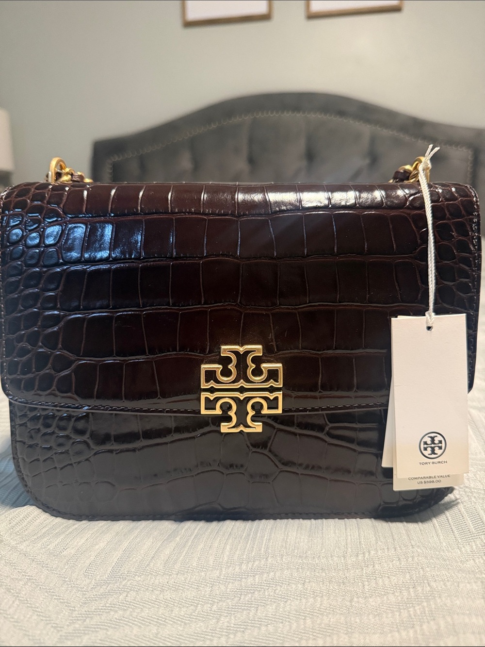 Tory Burch Burgundy Croc-Embossed Leather Shoulder Bag with Gold Logo Hardware